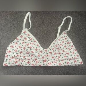 Aerie Holiday Superchill White Bralette with Red, Green, and Navy Accents